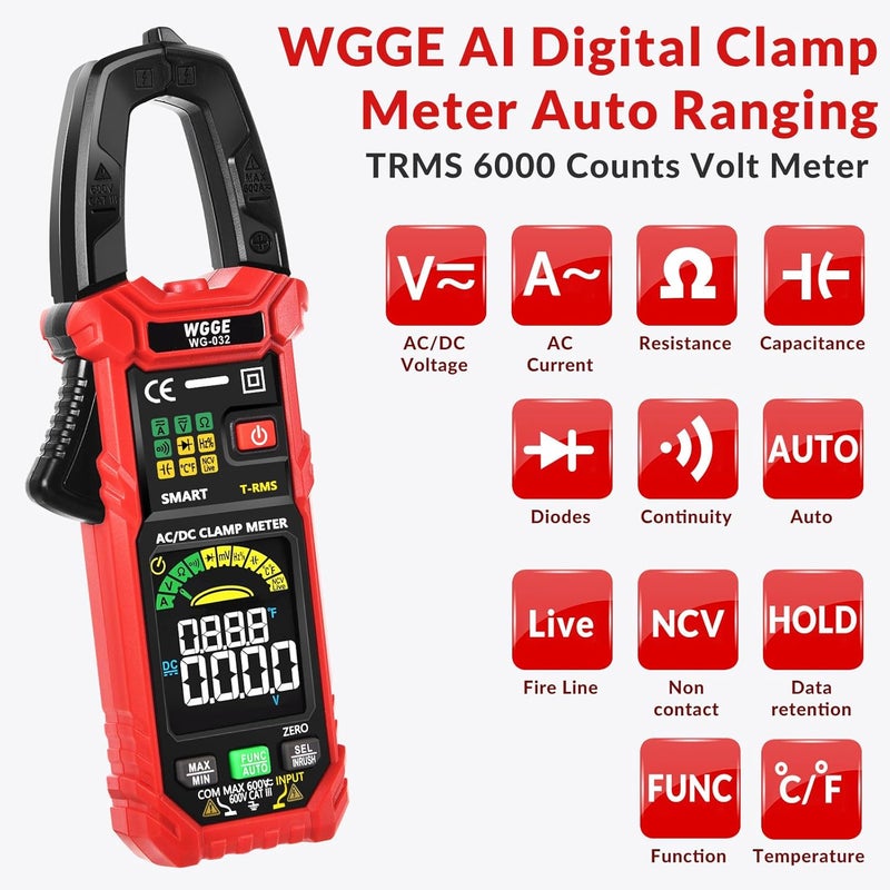 WGGE WG-032 مقياس تيار رقمي ذكي 6000 عدّات T-RMS مقياس متعدد الاستخدامات مقياس فولتية مقياس أمبير مع تيار AC/DC و جهد NCV/سلك حي مقاومة بدء تشغيل دايود، شاشة ملونة HD مدمجة - Image 4